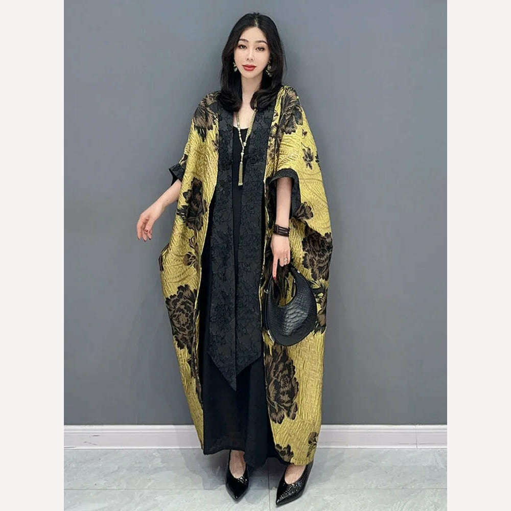 KIMLUD, SHENGPALAE Chinese Style Flower Print Dark Casual Loose Bat Sleeve Elegant Chic Cardigan Coat 2024 Spring New Clothing 5R2236, KIMLUD Womens Clothes