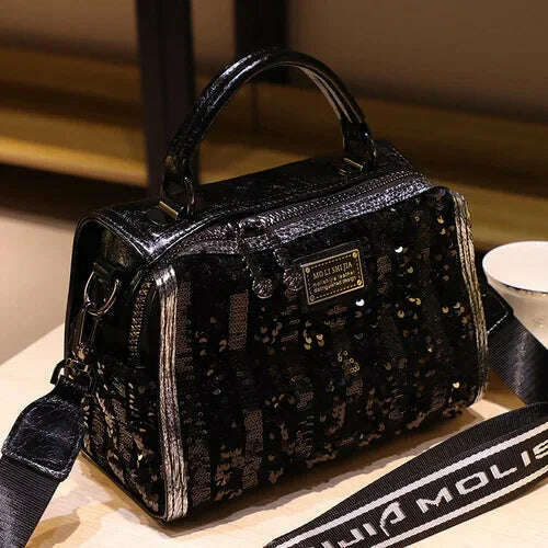 KIMLUD, Shining Sequines Women Handbag Ita Bag Real Leather Shoulder Bags Luxury Designer Bolsas De Mujer Top Handle Tote Sac A Main, Black / 25x13x18cm, KIMLUD APPAREL - Womens Clothes