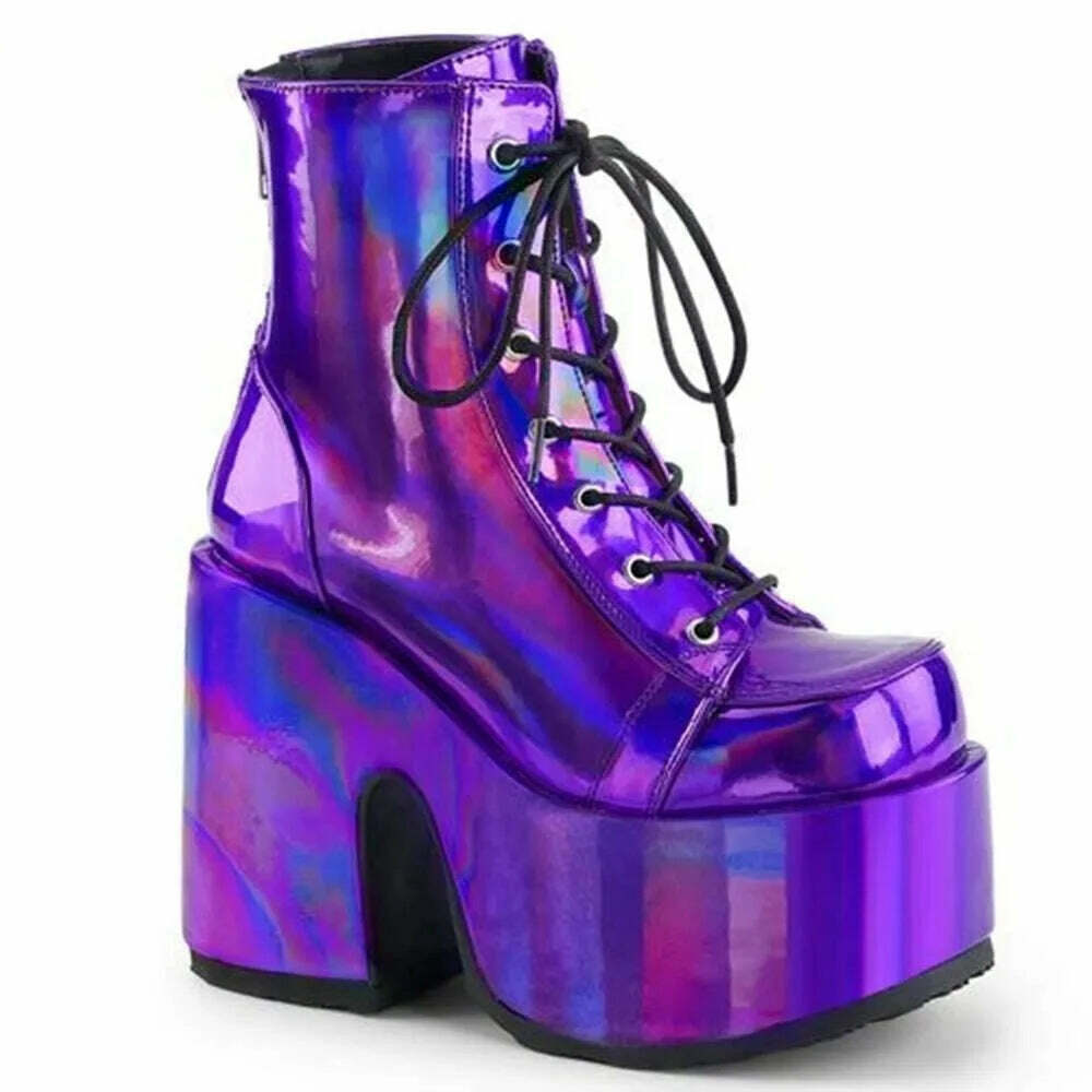 KIMLUD, Shiny Purple Ankle Boots Women&#39;s 2022 New Arrival Platform Round Toe Chunky Heel Cross Straps Sexy Fashion Show Party Shoes, as picture 2 / 33, KIMLUD APPAREL - Womens Clothes