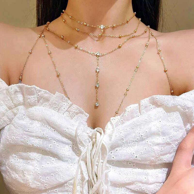 Shiny Rhinestones Tassel Sexy Chest Chain for Women Girls Fashion Metal Bra Cross Bikini Within Hollow Body Chain Jewelry - KIMLUD