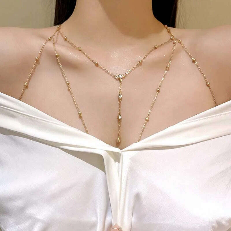 Shiny Rhinestones Tassel Sexy Chest Chain for Women Girls Fashion Metal Bra Cross Bikini Within Hollow Body Chain Jewelry - KIMLUD