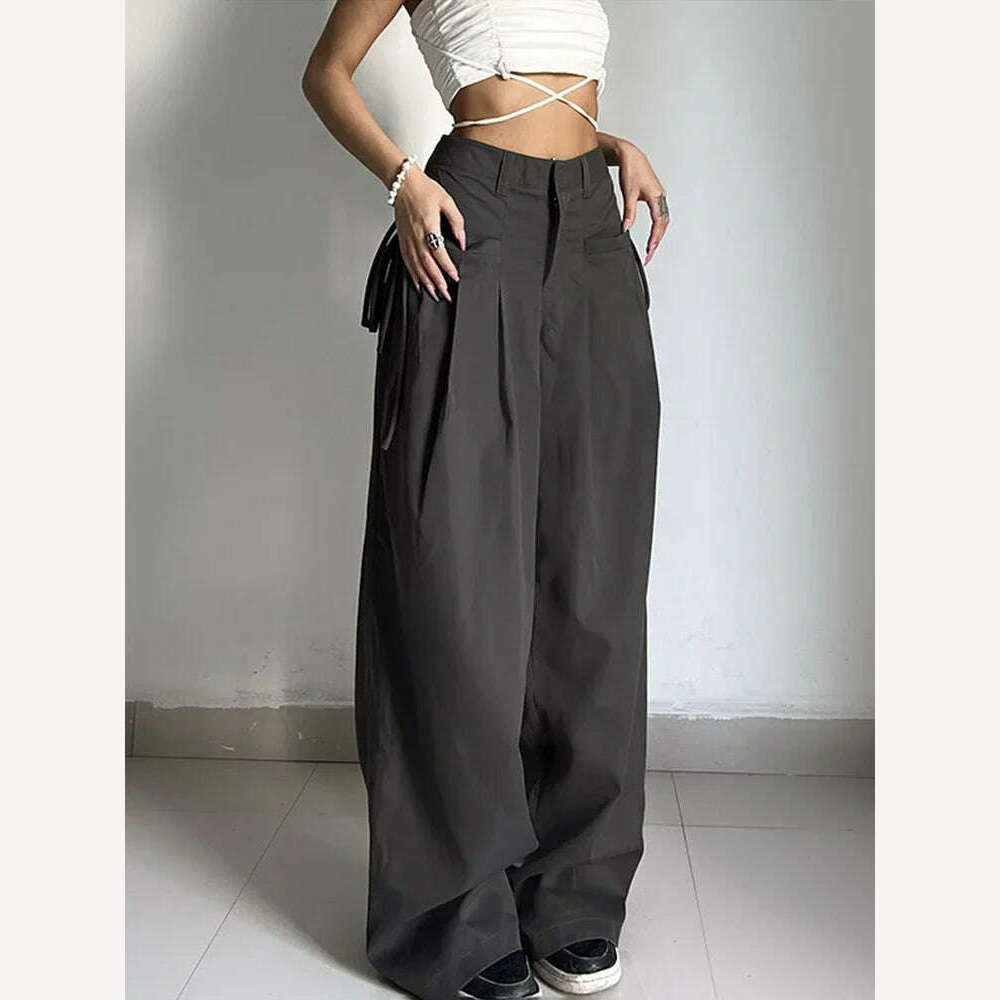 Shirring Casual Wide Leg Pants Women High Waist Street Basic Loose Sweat Trousers Korean Retro Gray Office Y2K Lady Pants - KIMLUD