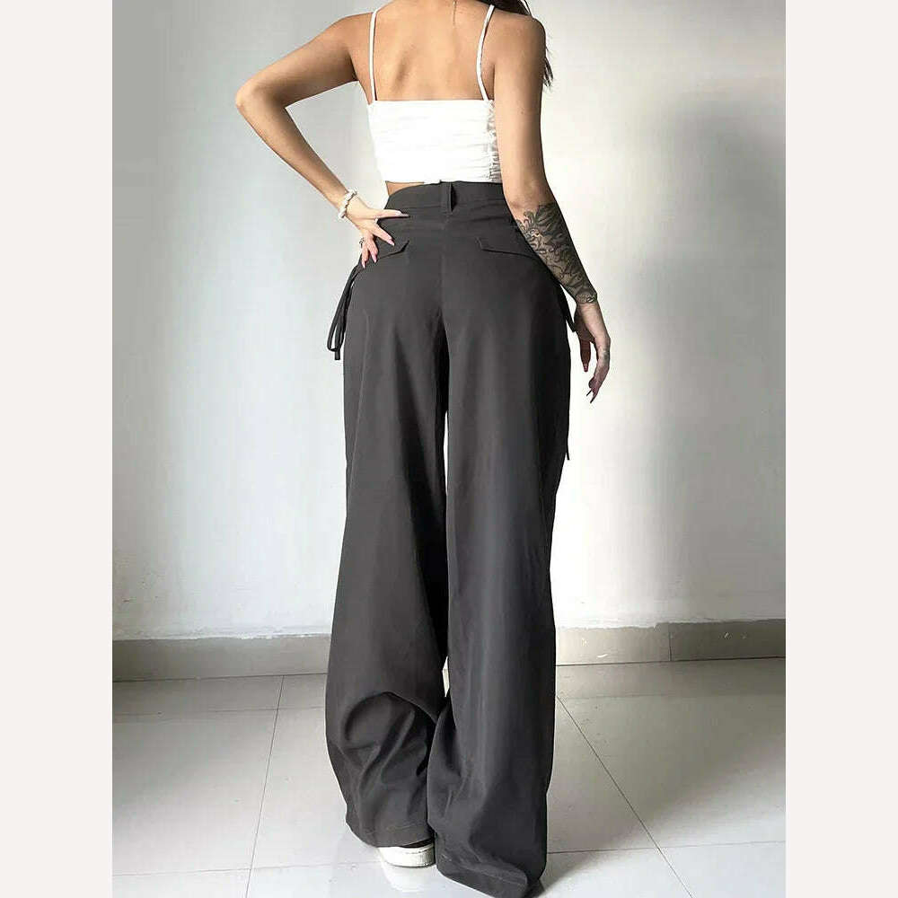 Shirring Casual Wide Leg Pants Women High Waist Street Basic Loose Sweat Trousers Korean Retro Gray Office Y2K Lady Pants - KIMLUD