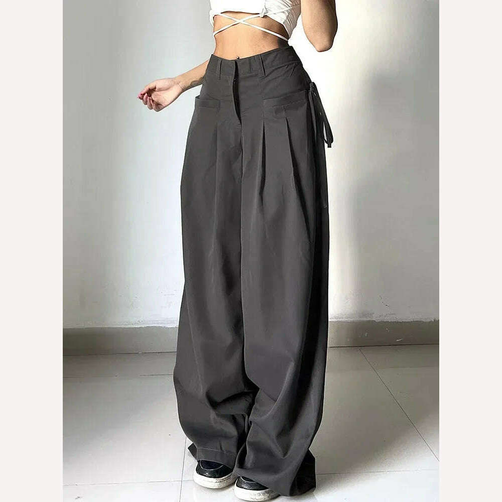 Shirring Casual Wide Leg Pants Women High Waist Street Basic Loose Sweat Trousers Korean Retro Gray Office Y2K Lady Pants - KIMLUD