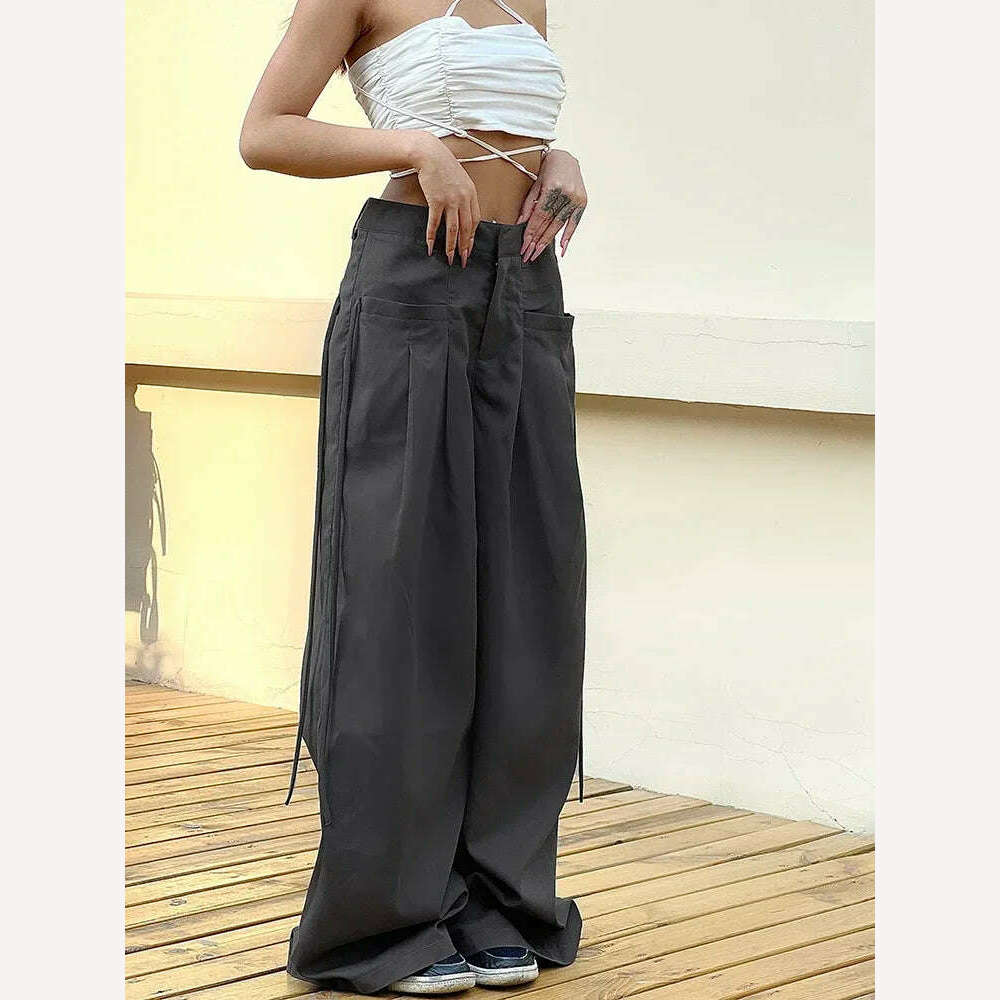 Shirring Casual Wide Leg Pants Women High Waist Street Basic Loose Sweat Trousers Korean Retro Gray Office Y2K Lady Pants - KIMLUD