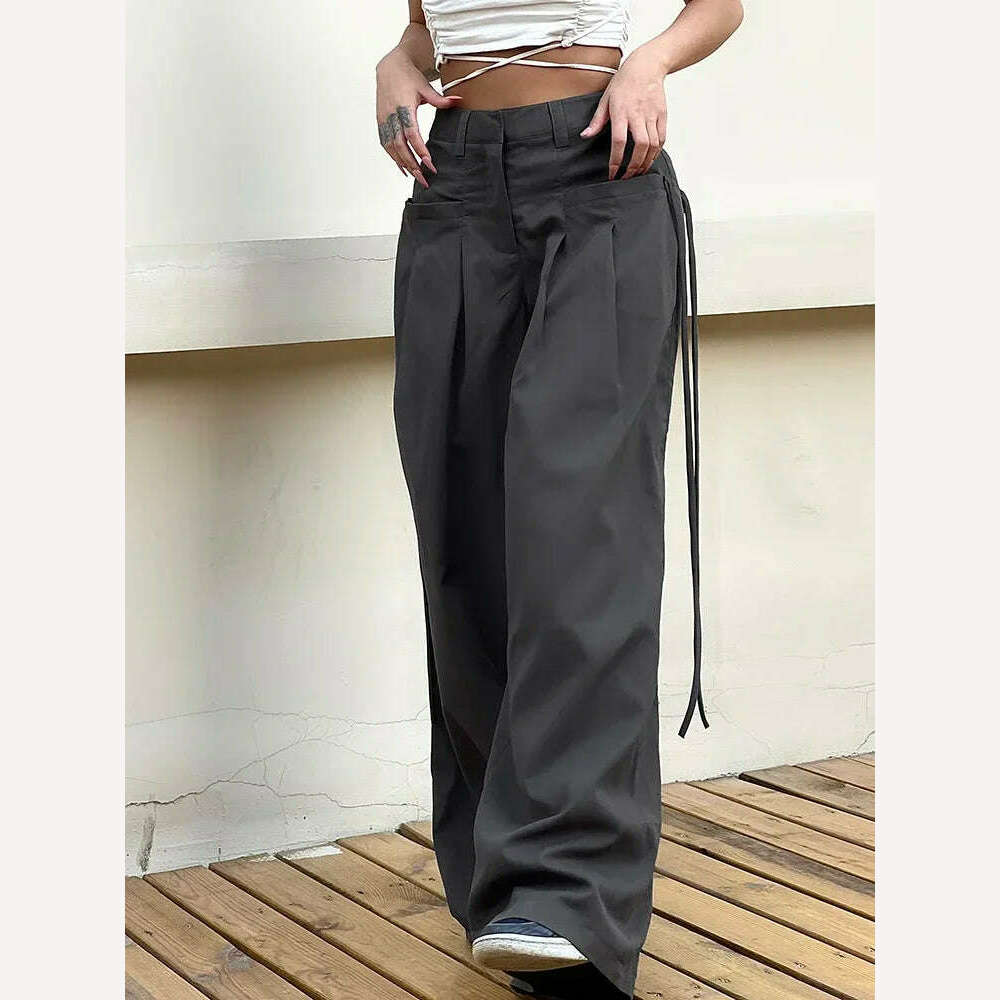 Shirring Casual Wide Leg Pants Women High Waist Street Basic Loose Sweat Trousers Korean Retro Gray Office Y2K Lady Pants - KIMLUD