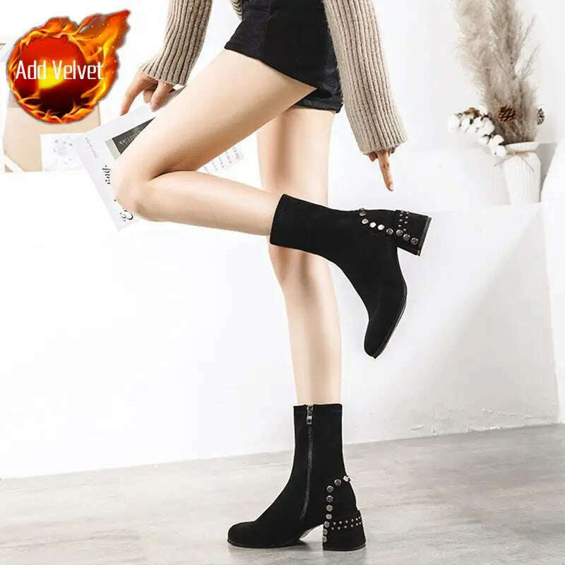 KIMLUD, Shoes for Woman Half High Heels Women's Boots Studded Footwear Elegant Heeled Elastic Black Mid Calf Fashion 2023 Winter Novelty, Black Plus Velvet / 34, KIMLUD APPAREL - Womens Clothes