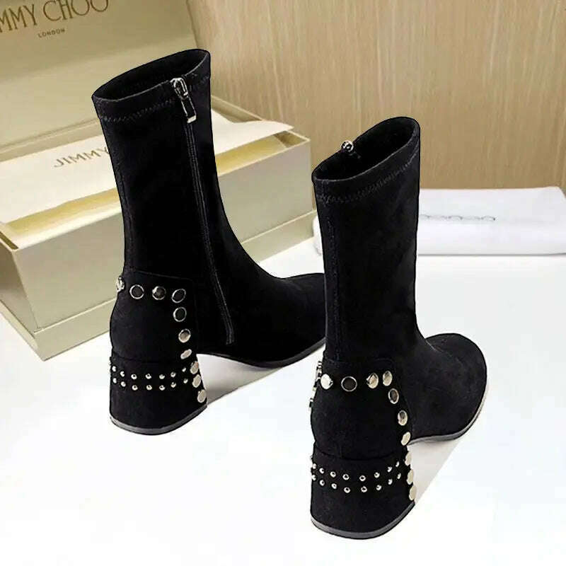 KIMLUD, Shoes for Woman Half High Heels Women's Boots Studded Footwear Elegant Heeled Elastic Black Mid Calf Fashion 2023 Winter Novelty, KIMLUD Womens Clothes