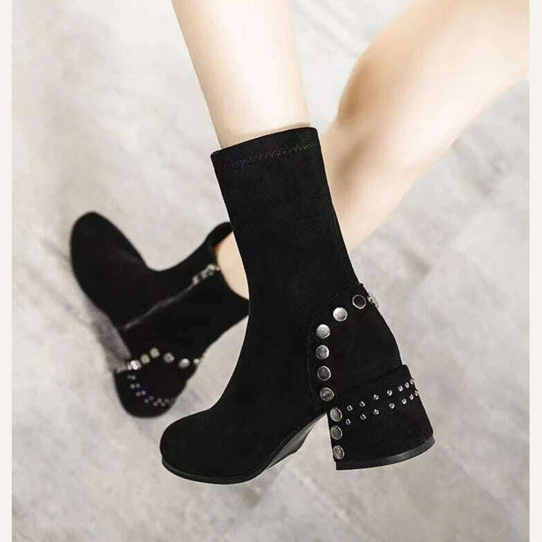 KIMLUD, Shoes for Woman Half High Heels Women's Boots Studded Footwear Elegant Heeled Elastic Black Mid Calf Fashion 2023 Winter Novelty, KIMLUD Womens Clothes