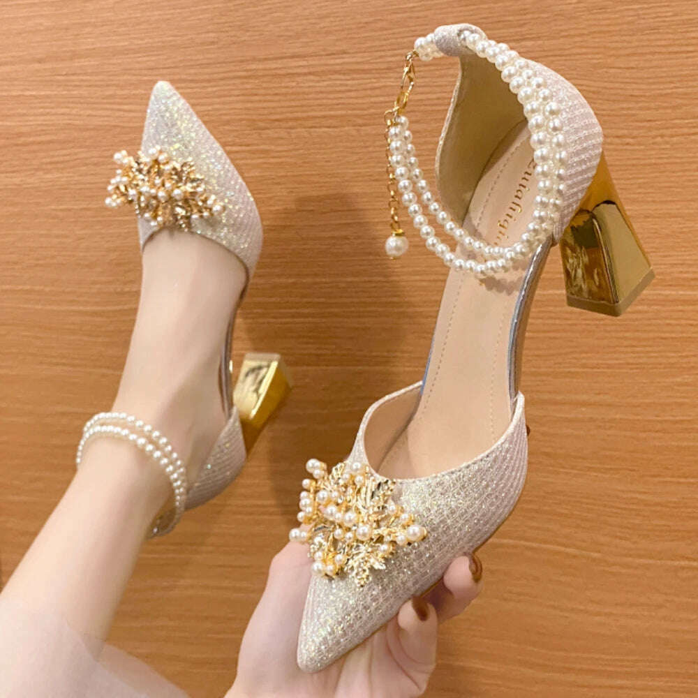 Shoes Women Summer High Heels Women Wedding Shoes Luxury Bride Gold Heels Mary Jane Shoes Ladies Pumps Sandals Zapatos De Mujer - KIMLUD