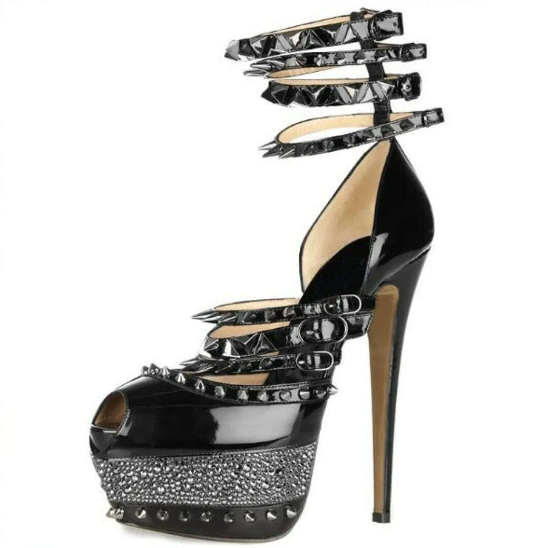 KIMLUD, SHOFOO shoes Sexy women's high-heeled sandals. About 15 cm high heel. Summer women's shoes. Tapered rivet decoration. Black., KIMLUD Womens Clothes