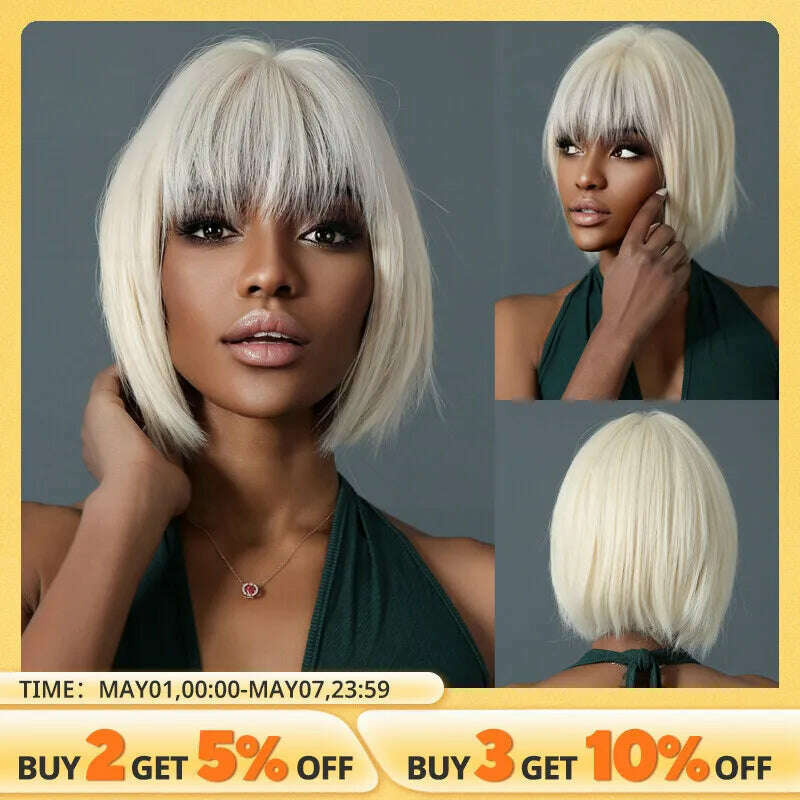 KIMLUD, Short Blonde Bob Wig with Bangs Synthetic Straight Rice White Cosplay Wigs for Black Women Party Daily Use Hair Heat Resistant, KIMLUD Womens Clothes