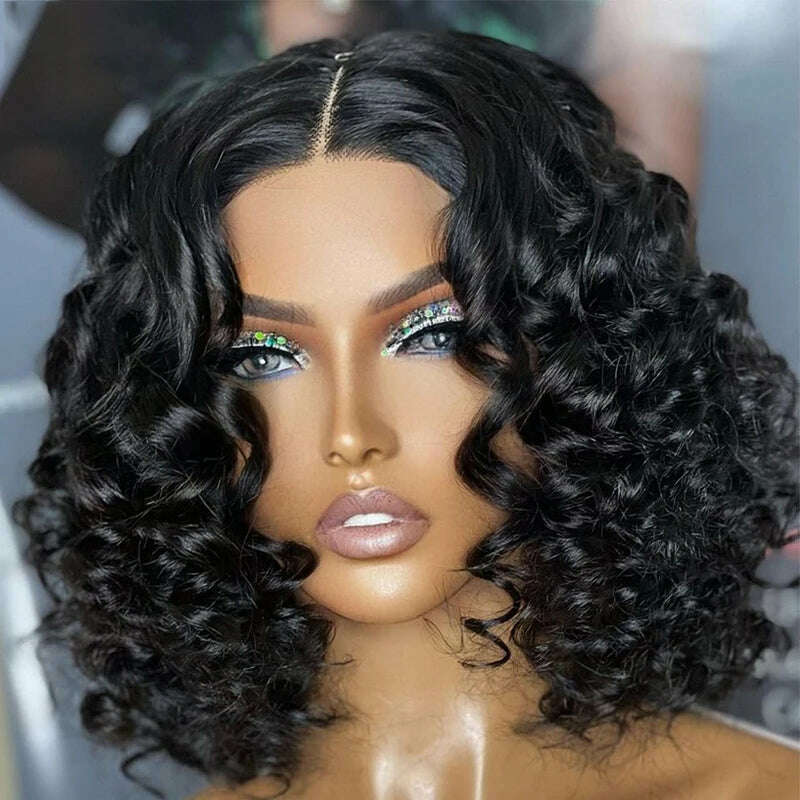 KIMLUD, Short Bob Soft 180Density Deep Wave Curly Natural Black Color Lace Front Wig For Women With Baby Hair Glueless Preplucked Daily, KIMLUD Womens Clothes