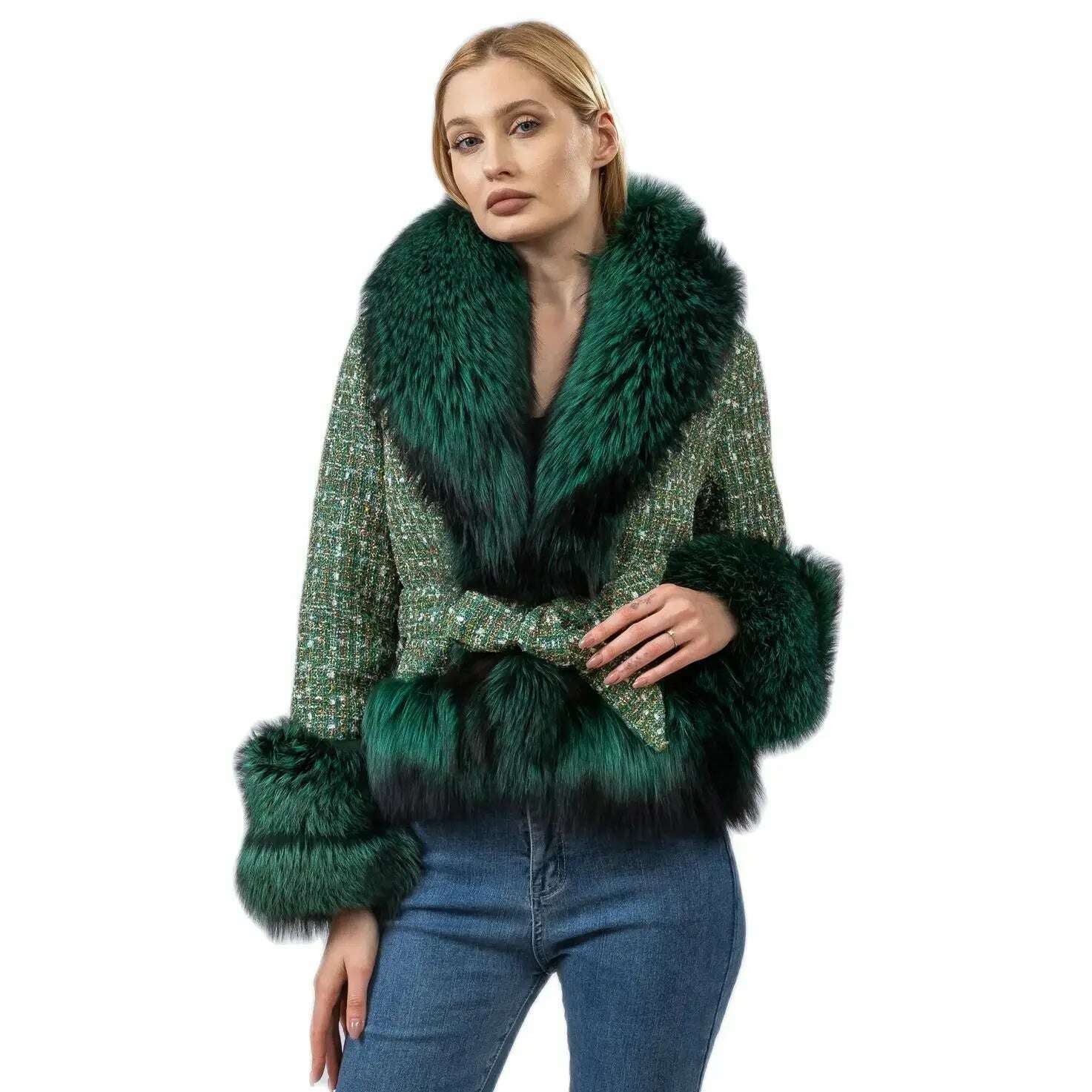 Short Coat with Real Fox Fur Collar for Women, Big Woolen Coat, Big Cuffs, Front Belt, Green Color, Autumn and Winter Fashion - KIMLUD