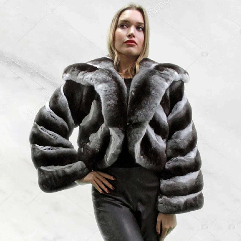 KIMLUD, Short Hairy Genuine Real Fur Jacket Female Big  Lapel Rex Rabbit Fur Coats Women Winter Thicken Strip Sewed Warm Outertwear, KIMLUD Womens Clothes