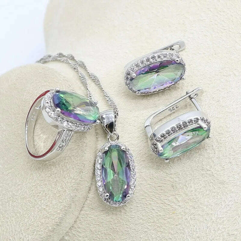 Silver 925 Jewelry Set Bridal For Women Rainbow Topaz Wedding Bracelet Necklace Rings Birthday Gift - KIMLUD