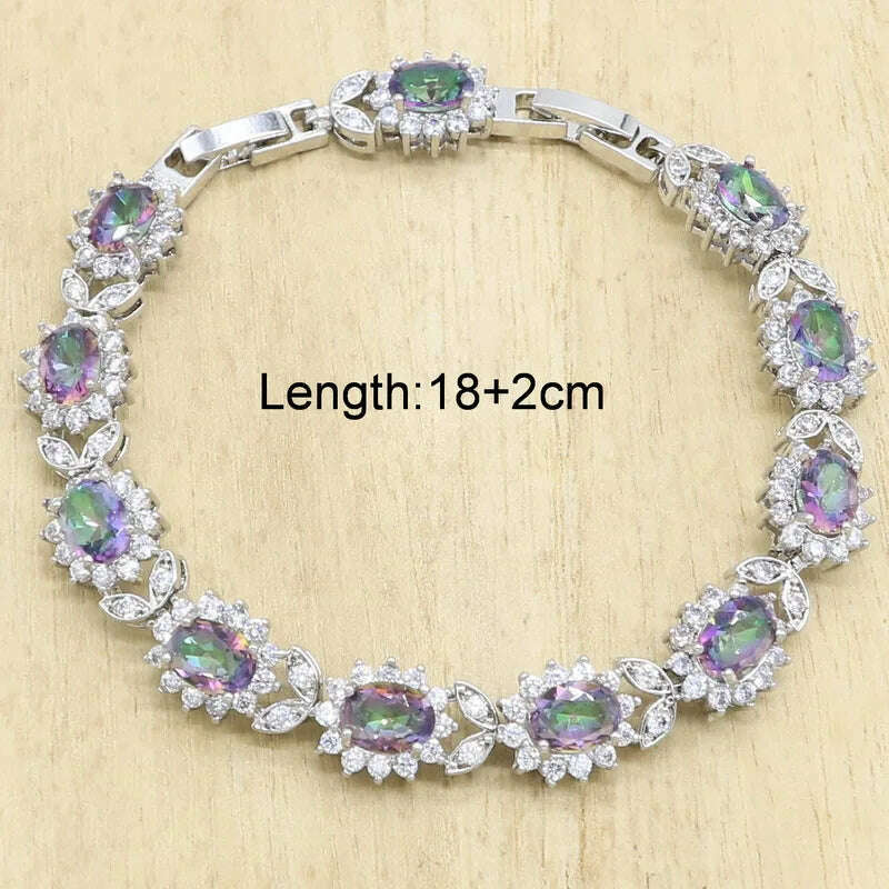 Silver 925 Jewelry Set Bridal For Women Rainbow Topaz Wedding Bracelet Necklace Rings Birthday Gift - KIMLUD