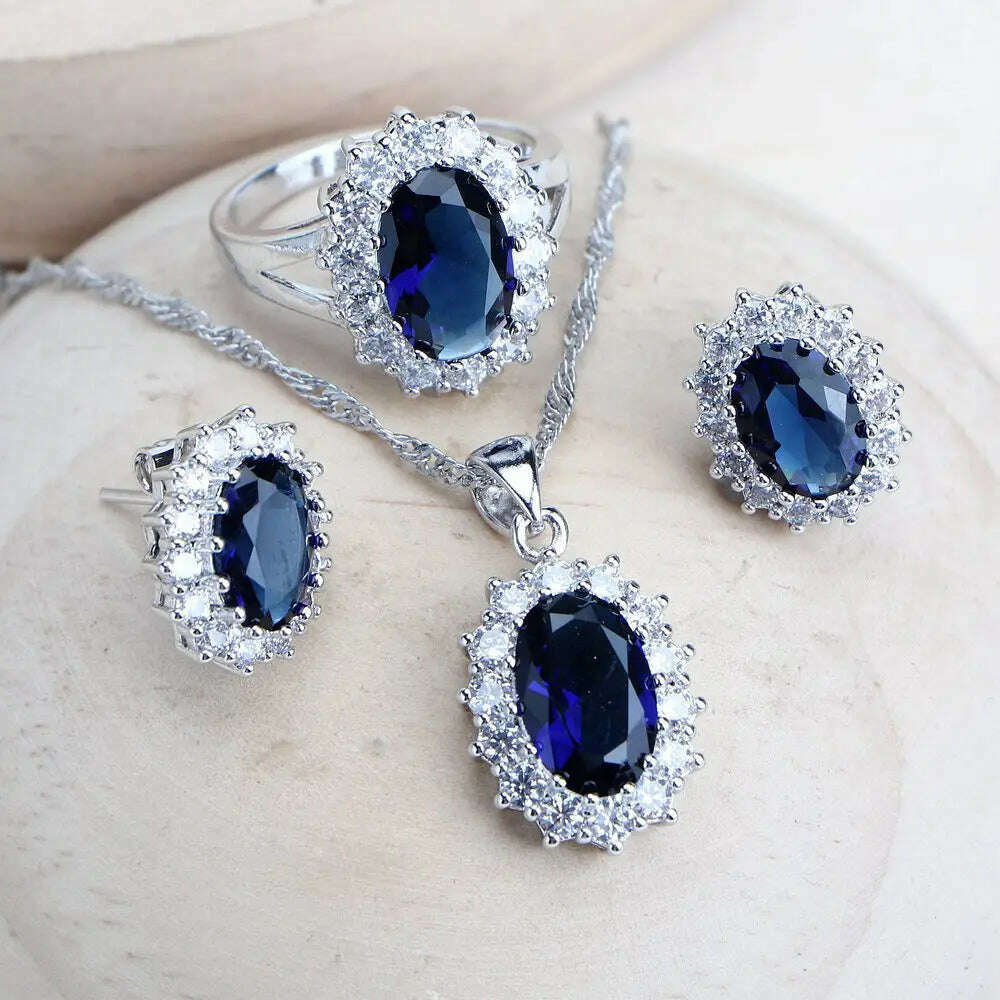 Silver 925 Women Bridal Jewelry Sets Blue Zirconia Costume Fine Jewellery Wedding Necklace Earrings Rings Bracelets Pendant Set - KIMLUD