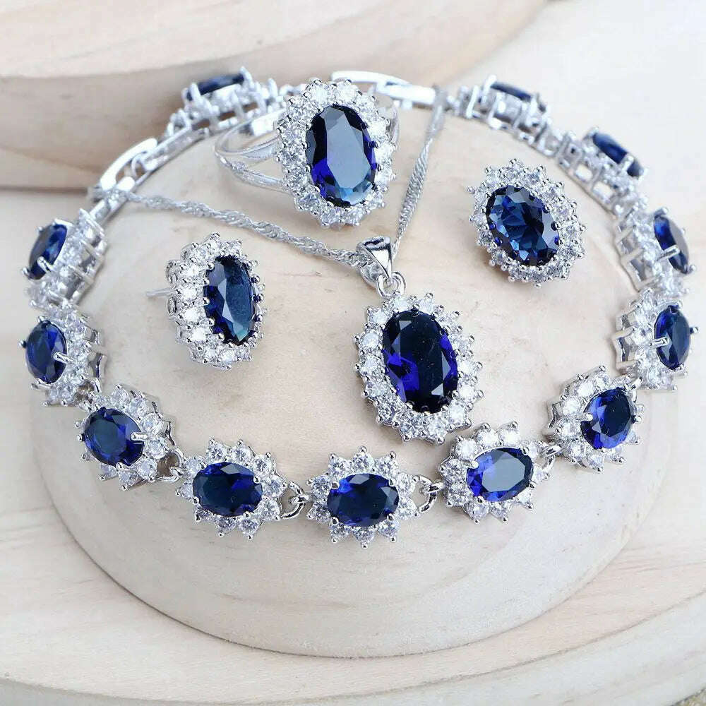 Silver 925 Women Bridal Jewelry Sets Blue Zirconia Costume Fine Jewellery Wedding Necklace Earrings Rings Bracelets Pendant Set - KIMLUD