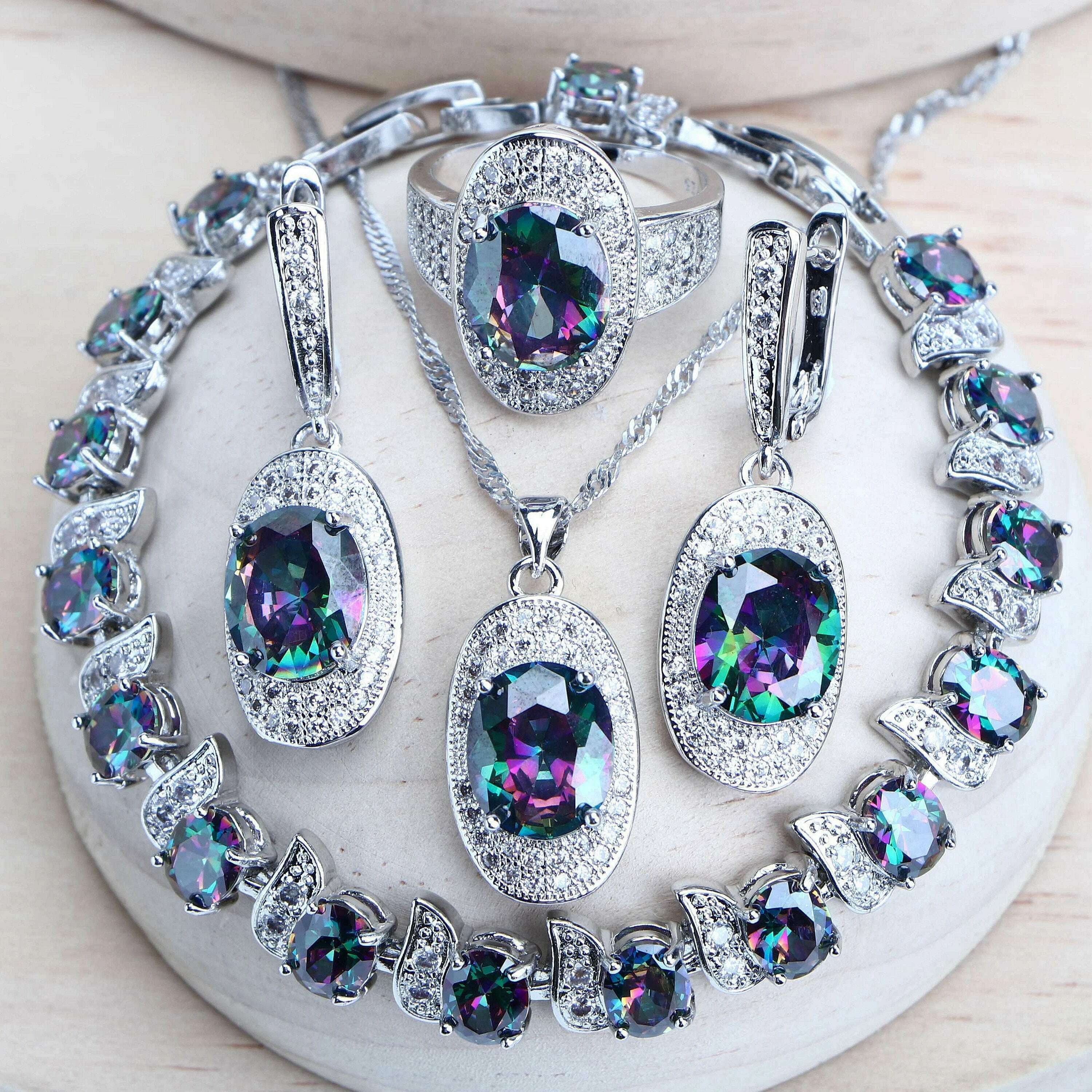 Silver 925 Women Bridal Jewelry Sets Rainbow Cubic Zirconia Costume Jewellery Wedding Earrings Rings Bracelets Pendant Necklace - KIMLUD