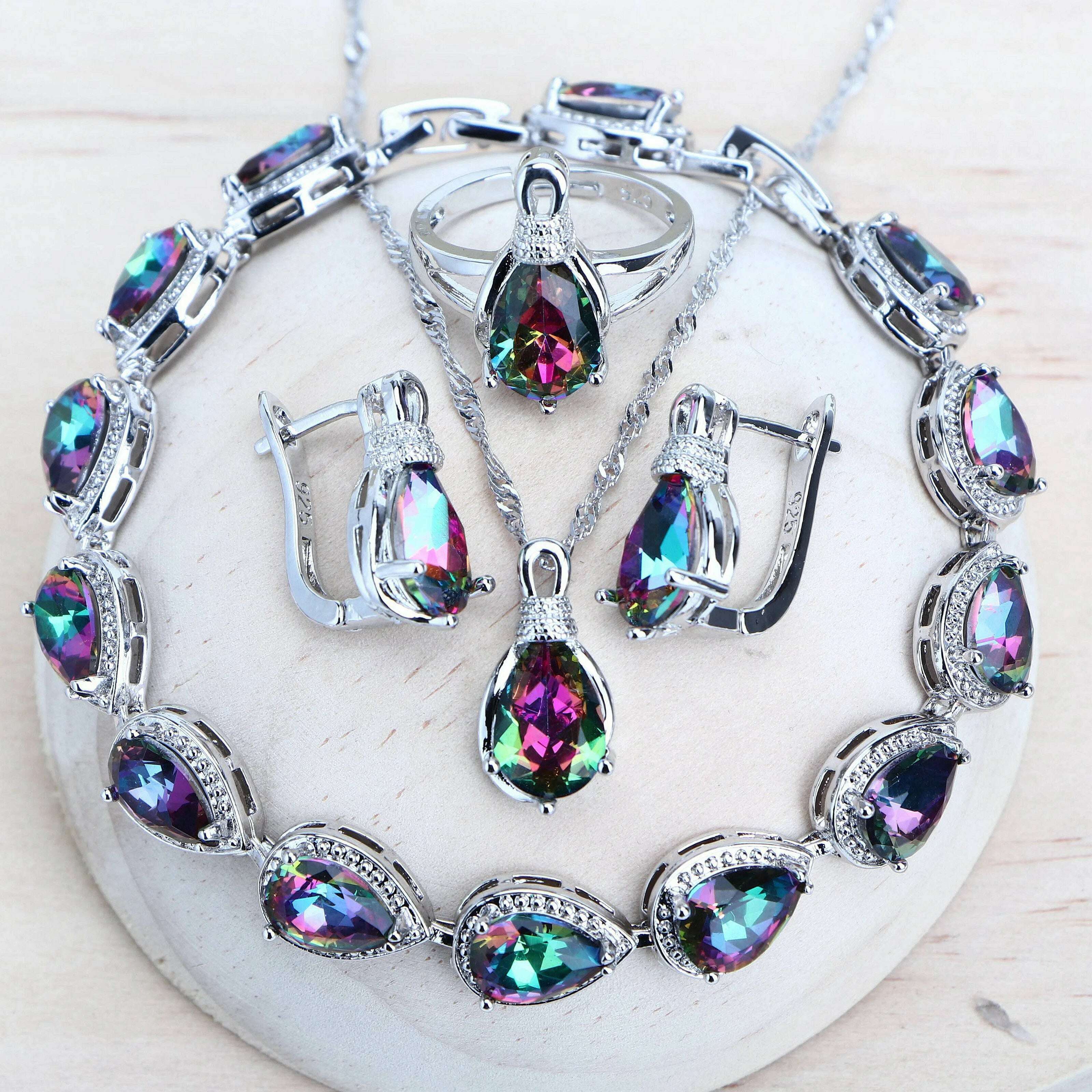 Silver 925 Women Bridal Jewelry Sets Wedding Costume Jewellery Rainbow Cubic Zirconia Earrings Rings Bracelets Pendant Necklace - KIMLUD