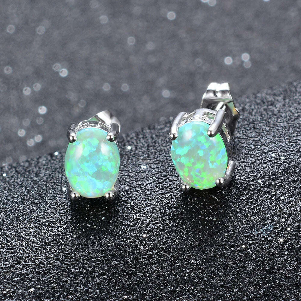 Silver Color Cute Oval Green Opal Stone Stud Earrings for Women Dainty Classic 4 Claws Natural Fire Opal Stone Students Earrings - KIMLUD