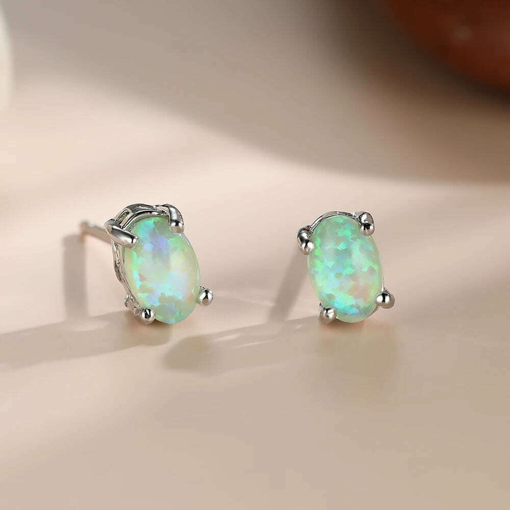 KIMLUD, Silver Color Cute Oval Green Opal Stone Stud Earrings for Women Dainty Classic 4 Claws Natural Fire Opal Stone Students Earrings, KIMLUD Womens Clothes