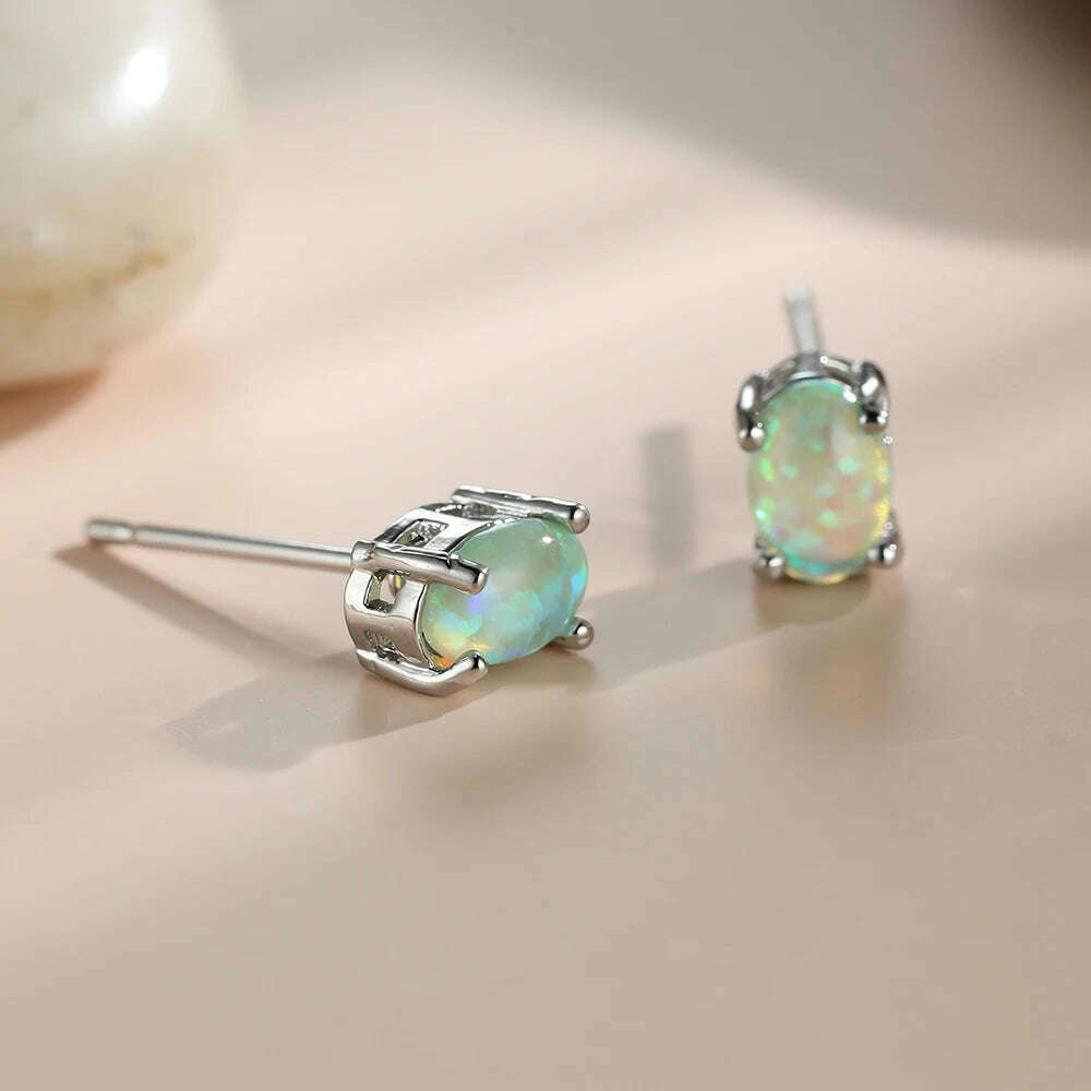 Silver Color Cute Oval Green Opal Stone Stud Earrings for Women Dainty Classic 4 Claws Natural Fire Opal Stone Students Earrings - KIMLUD