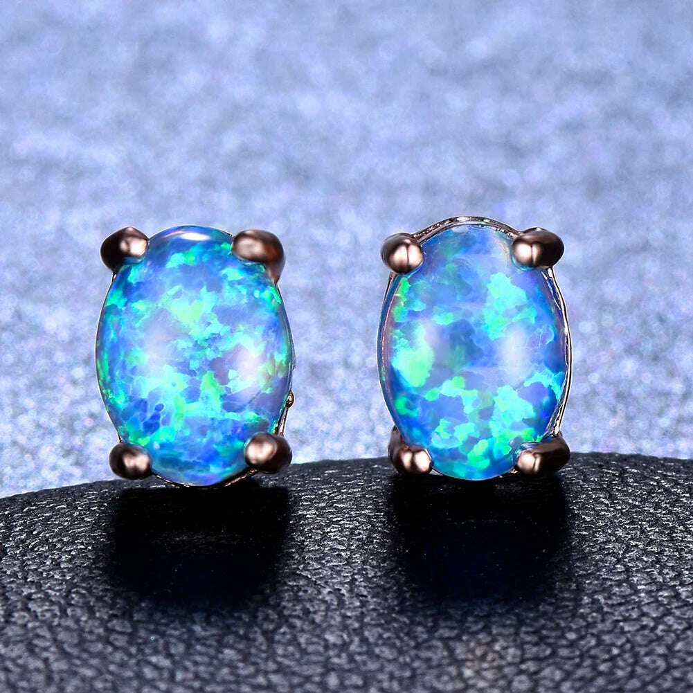 KIMLUD, Silver Color Cute Oval Green Opal Stone Stud Earrings for Women Dainty Classic 4 Claws Natural Fire Opal Stone Students Earrings, rose gold blue opal / 8mm, KIMLUD APPAREL - Womens Clothes