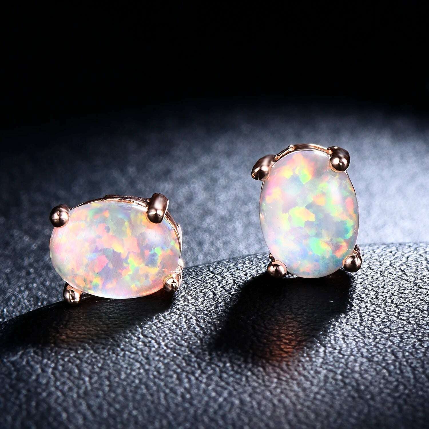 KIMLUD, Silver Color Cute Oval Green Opal Stone Stud Earrings for Women Dainty Classic 4 Claws Natural Fire Opal Stone Students Earrings, rose gold white opal / 8mm, KIMLUD APPAREL - Womens Clothes