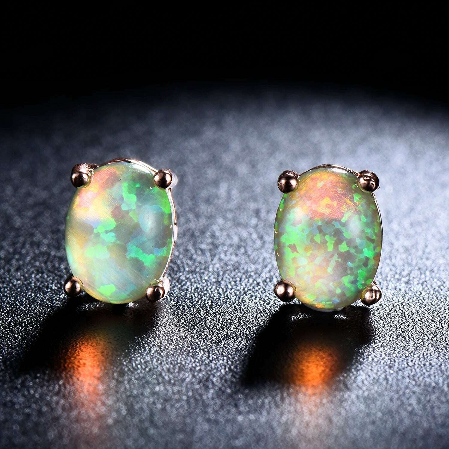 KIMLUD, Silver Color Cute Oval Green Opal Stone Stud Earrings for Women Dainty Classic 4 Claws Natural Fire Opal Stone Students Earrings, rose gold green opal / 8mm, KIMLUD APPAREL - Womens Clothes