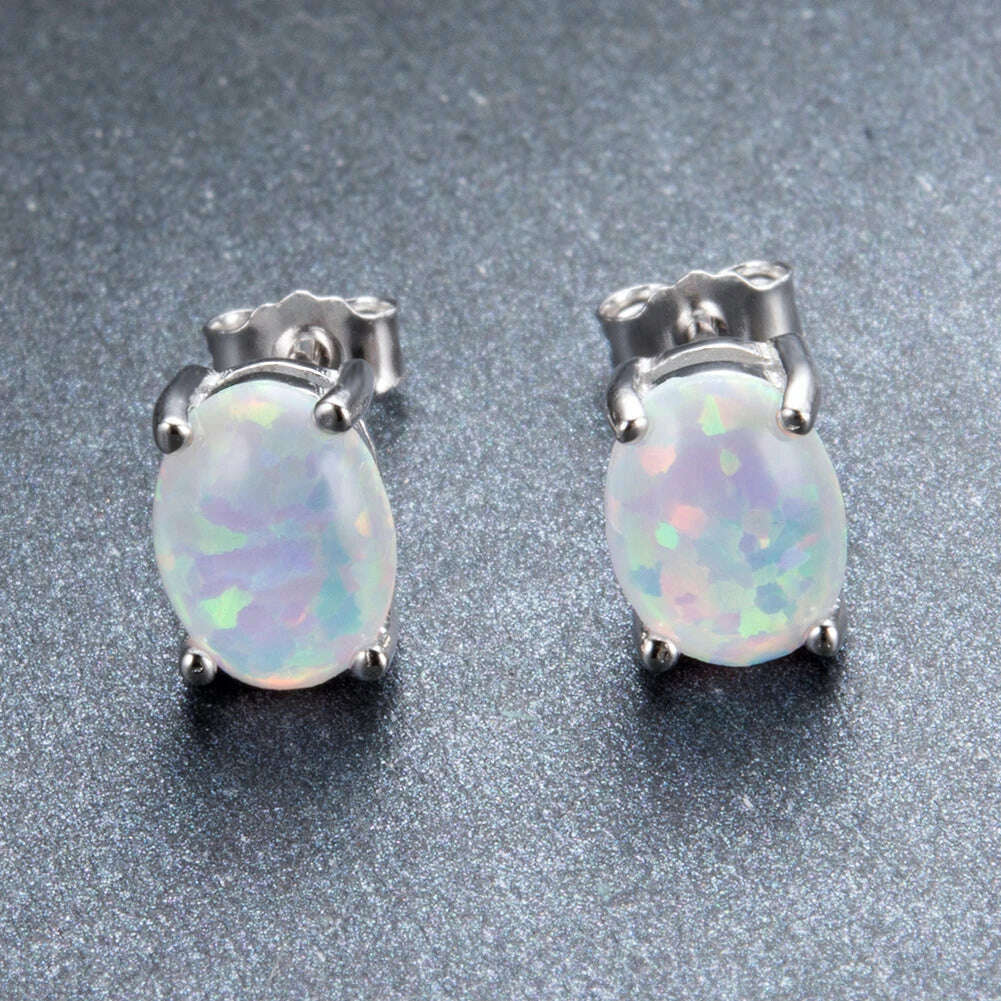 KIMLUD, Silver Color Cute Oval Green Opal Stone Stud Earrings for Women Dainty Classic 4 Claws Natural Fire Opal Stone Students Earrings, silver white opal / 6mm, KIMLUD APPAREL - Womens Clothes