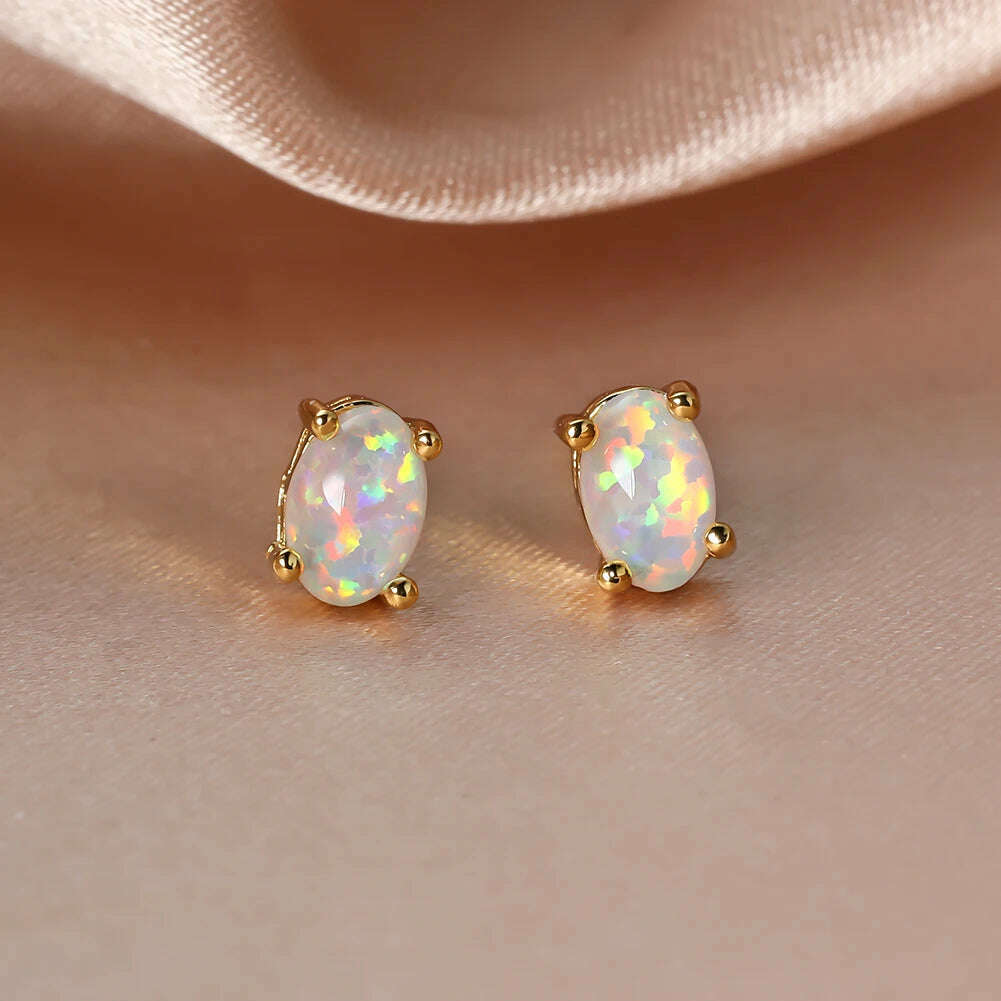 KIMLUD, Silver Color Cute Oval Green Opal Stone Stud Earrings for Women Dainty Classic 4 Claws Natural Fire Opal Stone Students Earrings, gold white opal / 6mm, KIMLUD APPAREL - Womens Clothes