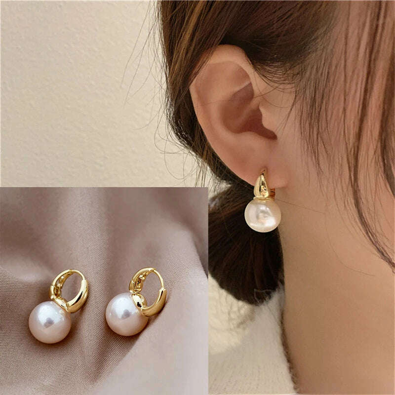 KIMLUD, Silver Color Pearl Studs Hoop Earrings for Women Gold Color Eardrop Minimalist Hoops Wedding Fashion Jewelry Dropshipping, KIMLUD Womens Clothes