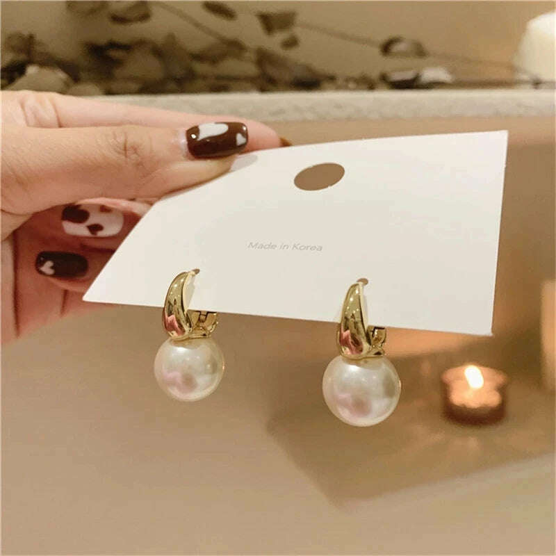 KIMLUD, Silver Color Pearl Studs Hoop Earrings for Women Gold Color Eardrop Minimalist Hoops Wedding Fashion Jewelry Dropshipping, KIMLUD Womens Clothes