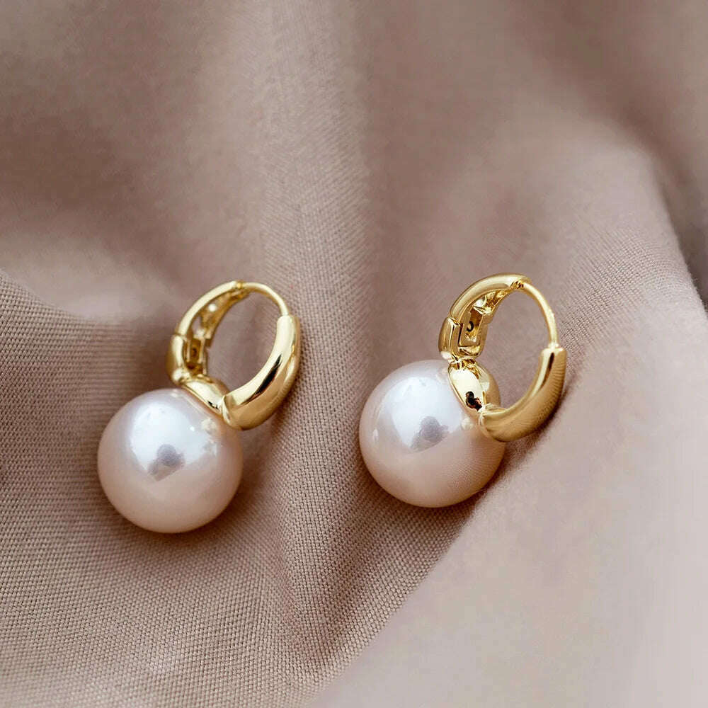 KIMLUD, Silver Color Pearl Studs Hoop Earrings for Women Gold Color Eardrop Minimalist Hoops Wedding Fashion Jewelry Dropshipping, KIMLUD Womens Clothes