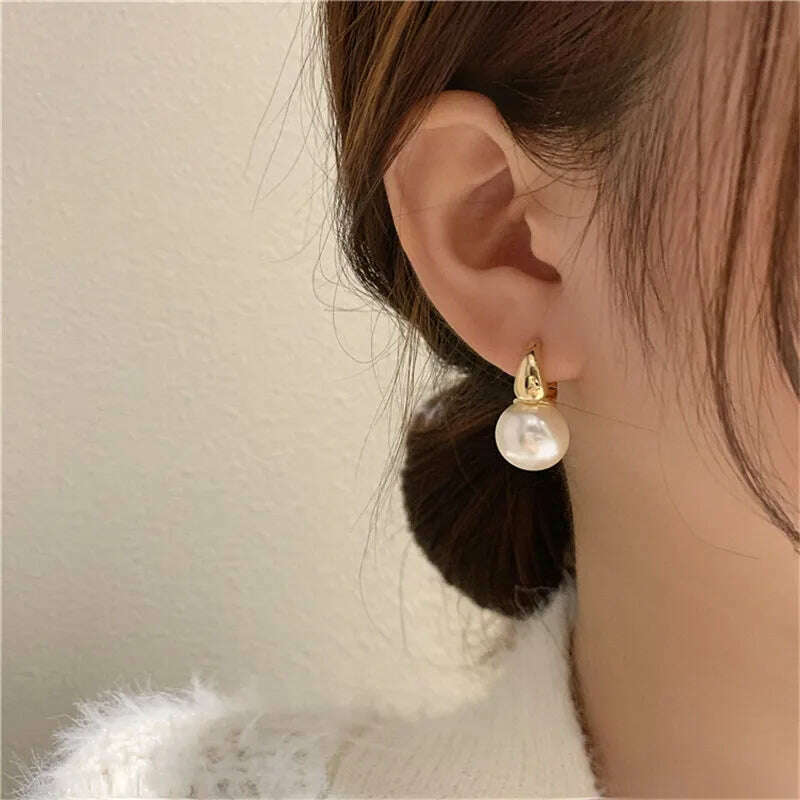 KIMLUD, Silver Color Pearl Studs Hoop Earrings for Women Gold Color Eardrop Minimalist Hoops Wedding Fashion Jewelry Dropshipping, KIMLUD Womens Clothes