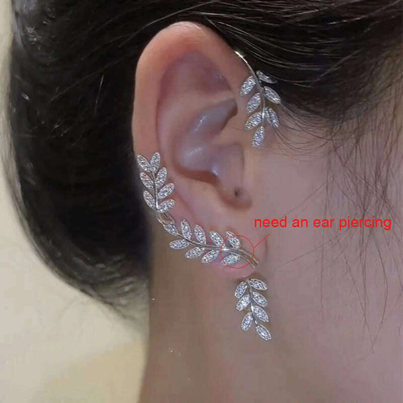 Silver Plated Metal Leaf Butterfly Clip Earrings for Women Ear Clips Without Piercing Sparkling Zircon Ear Cuff Fashion Jewelry - KIMLUD