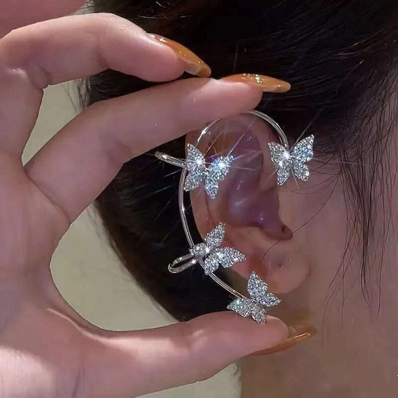 Silver Plated Metal Leaf Butterfly Clip Earrings for Women Ear Clips Without Piercing Sparkling Zircon Ear Cuff Fashion Jewelry - KIMLUD