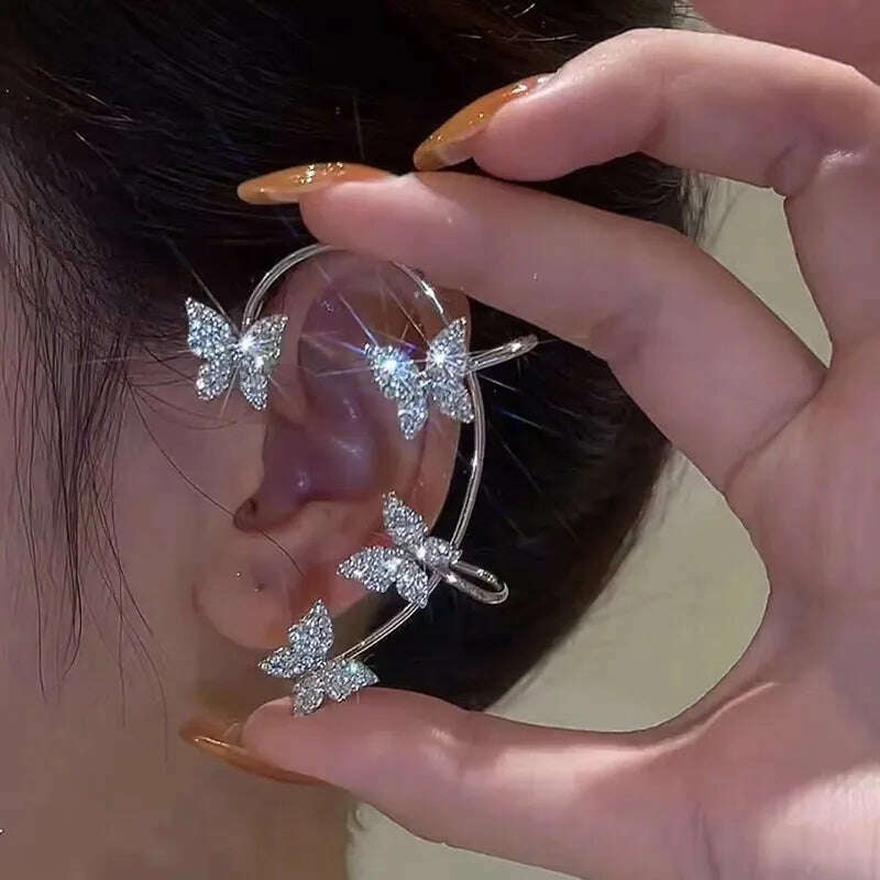 Silver Plated Metal Leaf Butterfly Clip Earrings for Women Ear Clips Without Piercing Sparkling Zircon Ear Cuff Fashion Jewelry - KIMLUD