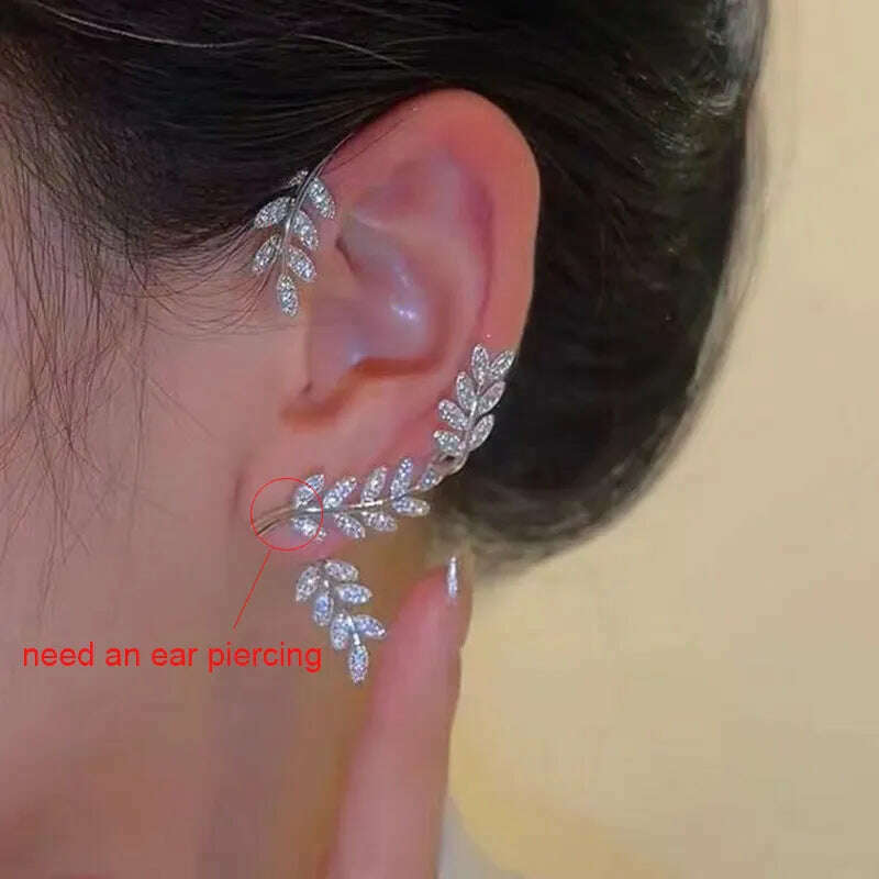 Silver Plated Metal Leaf Butterfly Clip Earrings for Women Ear Clips Without Piercing Sparkling Zircon Ear Cuff Fashion Jewelry - KIMLUD