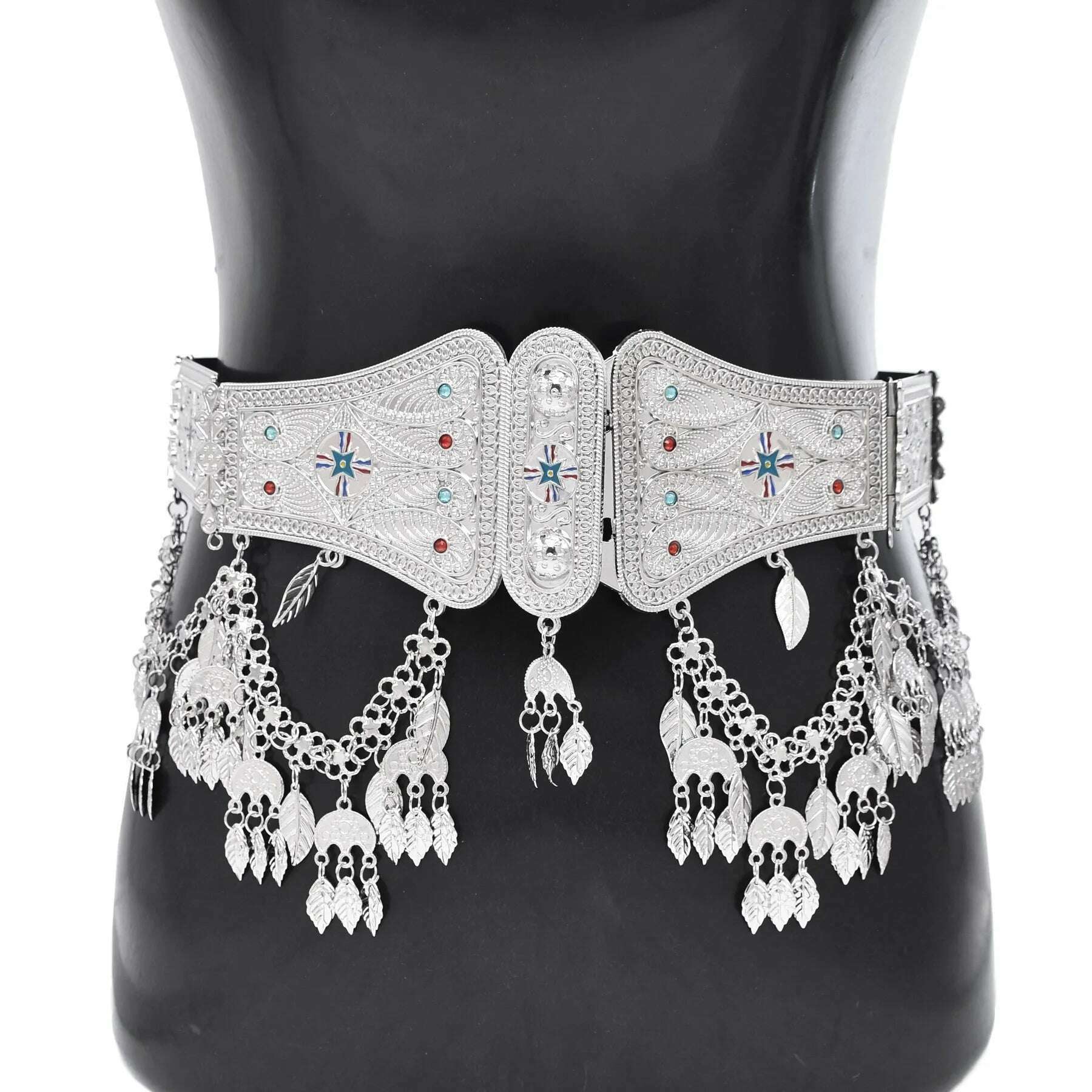 Silver Plated Moroccan Caftan Belt Heart Sequins Tassel Belly Chains for Women Men Vintage Ethnic Tribal Indian Body Jewelry - KIMLUD