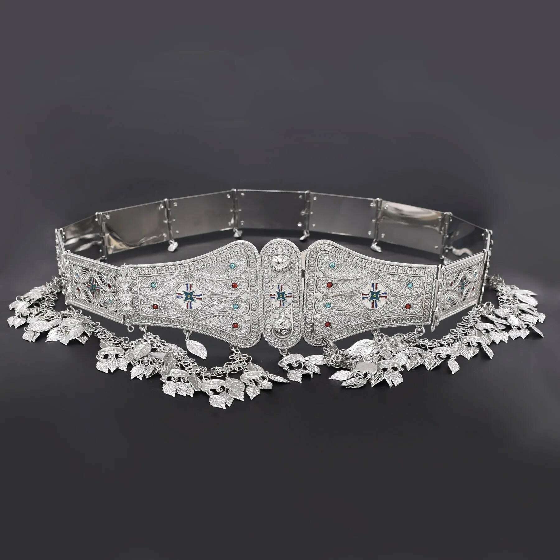 Silver Plated Moroccan Caftan Belt Heart Sequins Tassel Belly Chains for Women Men Vintage Ethnic Tribal Indian Body Jewelry - KIMLUD