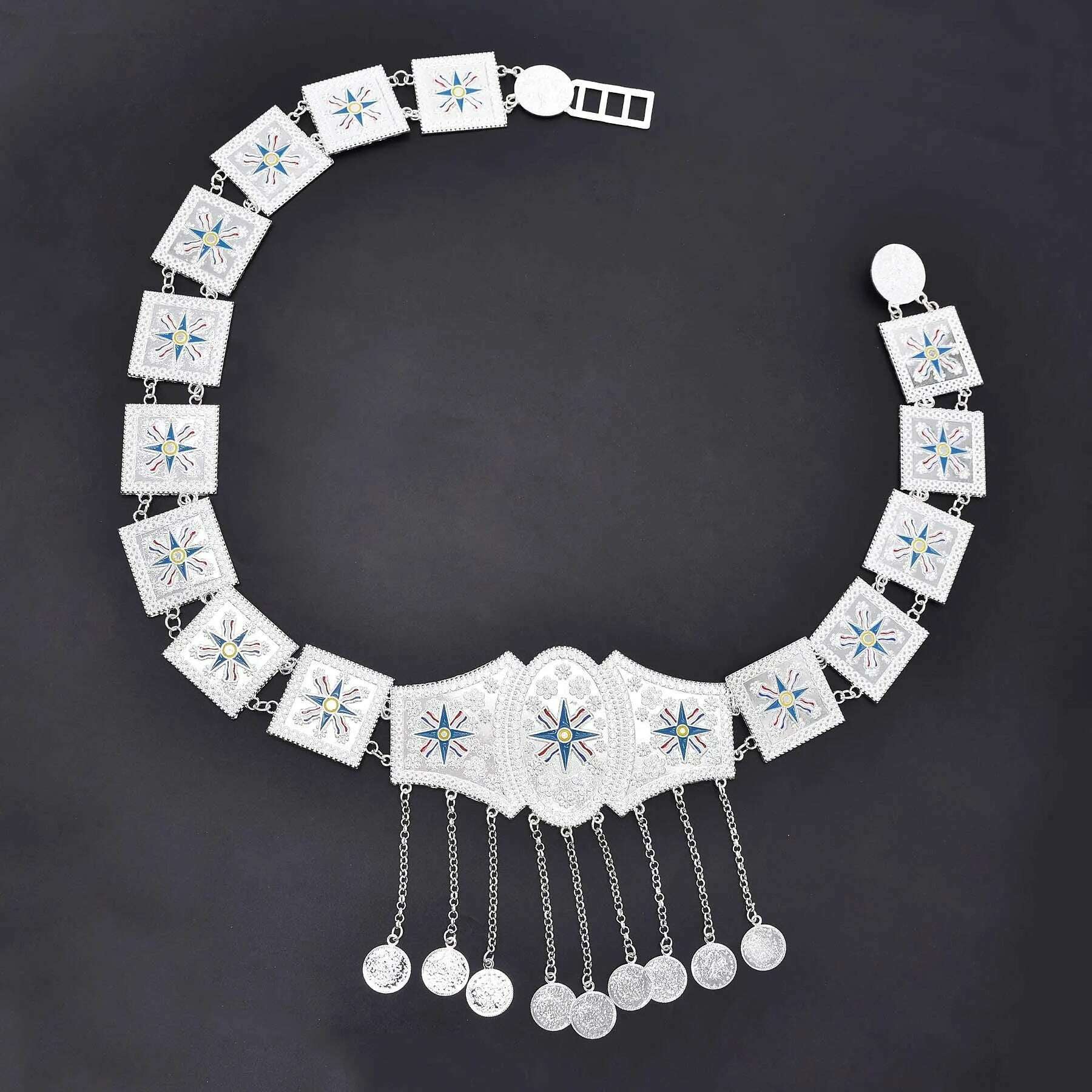 Silver Plated Moroccan Caftan Belt Heart Sequins Tassel Belly Chains for Women Men Vintage Ethnic Tribal Indian Body Jewelry - KIMLUD