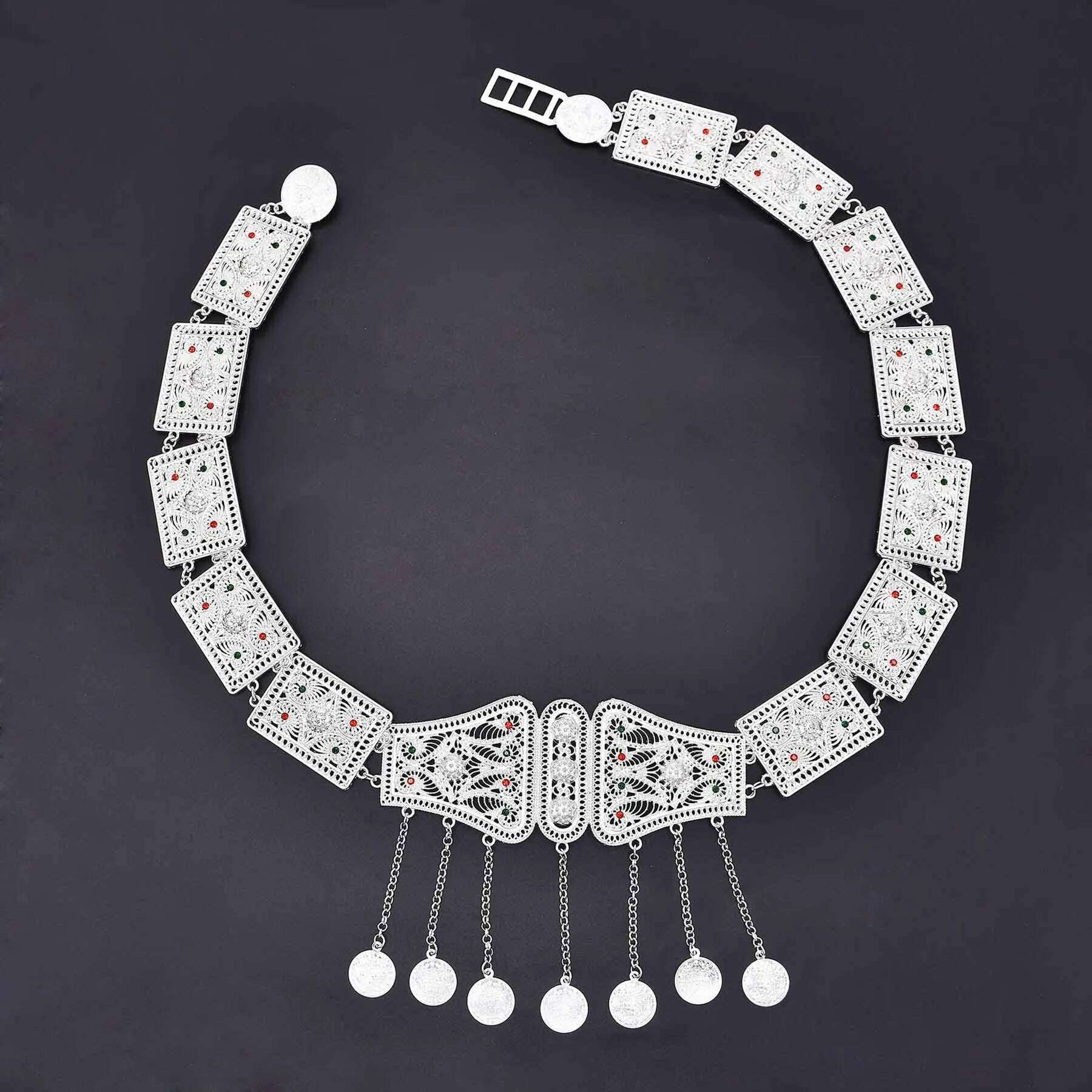 Silver Plated Moroccan Caftan Belt Heart Sequins Tassel Belly Chains for Women Men Vintage Ethnic Tribal Indian Body Jewelry - KIMLUD