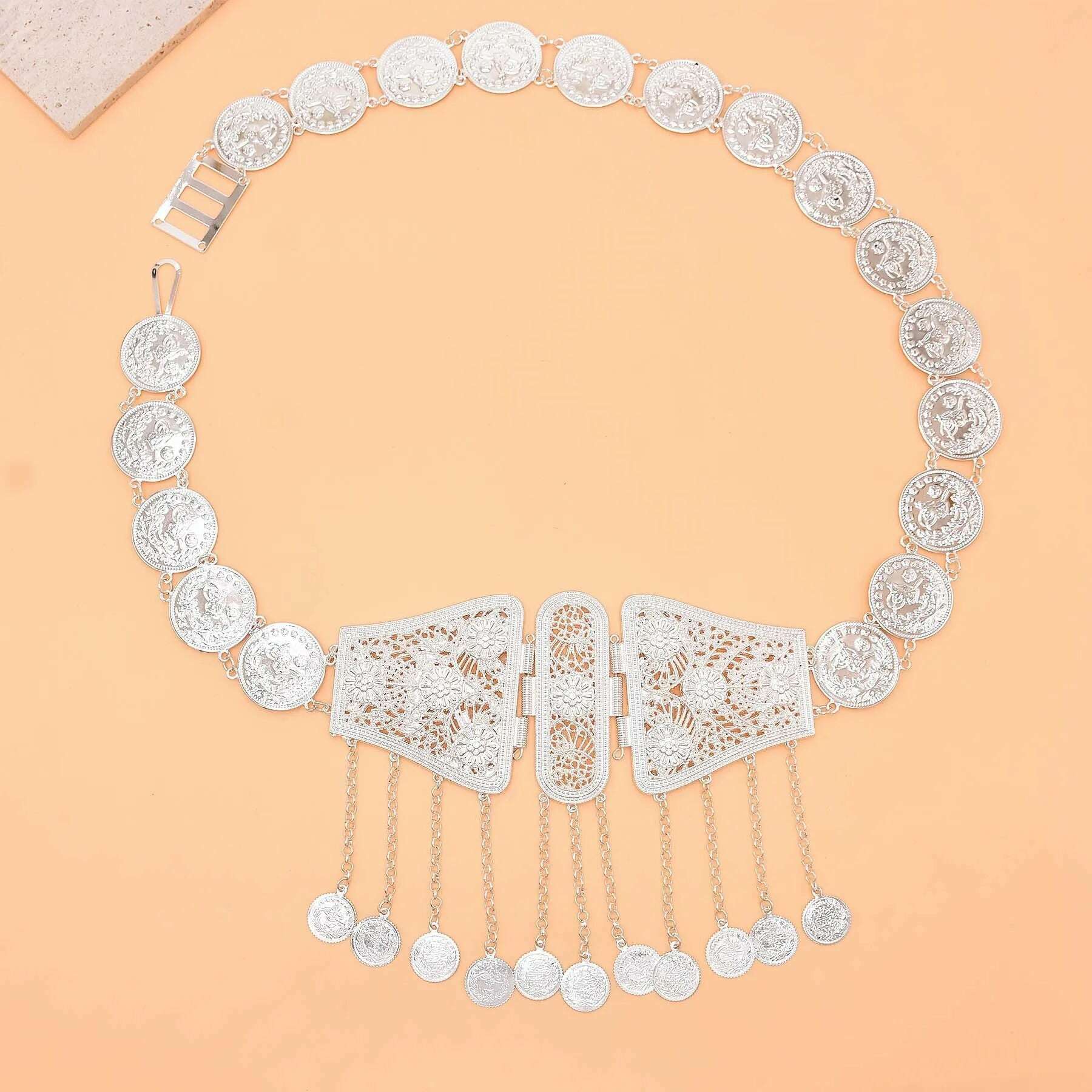 Silver Plated Moroccan Caftan Belt Heart Sequins Tassel Belly Chains for Women Men Vintage Ethnic Tribal Indian Body Jewelry - KIMLUD