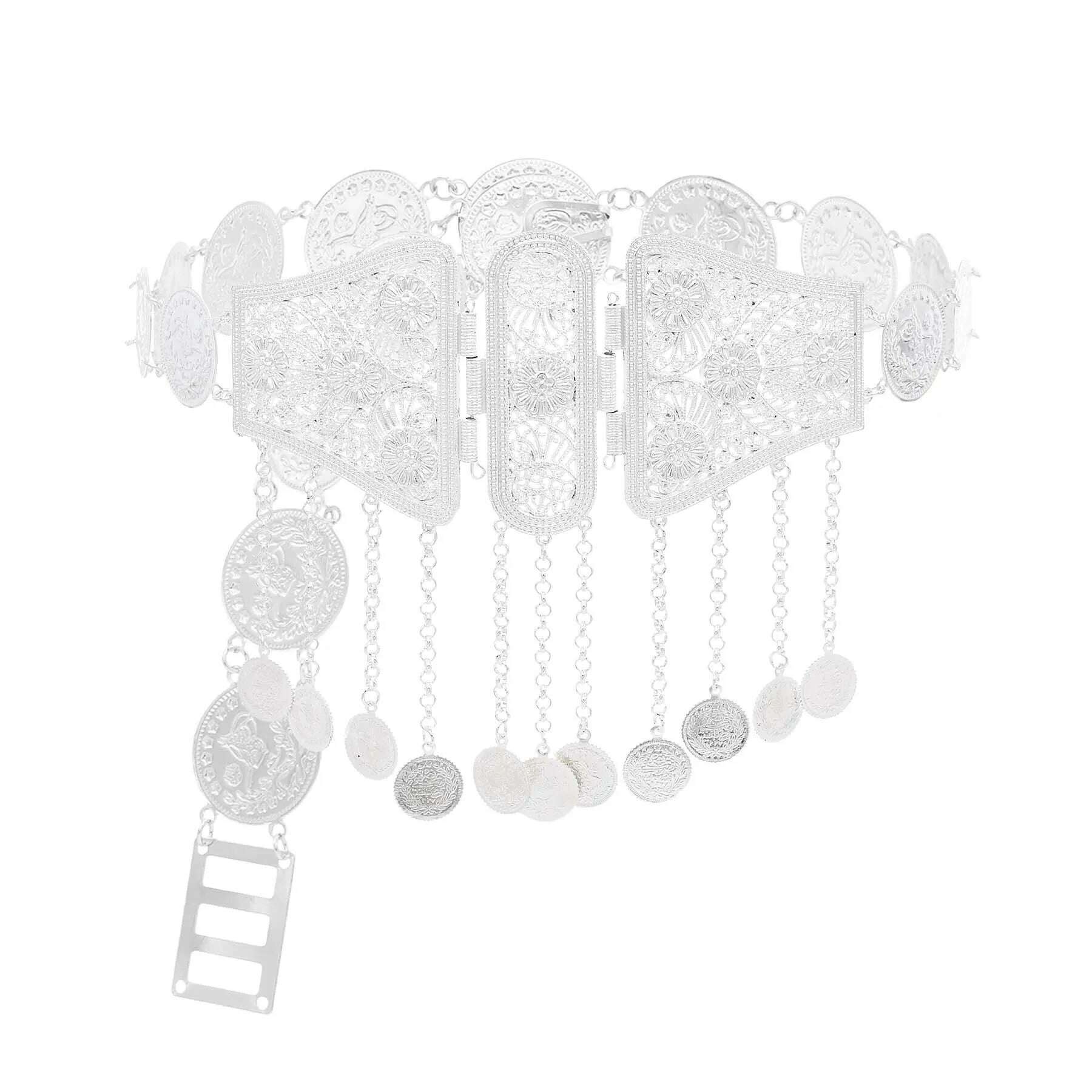 Silver Plated Moroccan Caftan Belt Heart Sequins Tassel Belly Chains for Women Men Vintage Ethnic Tribal Indian Body Jewelry - KIMLUD