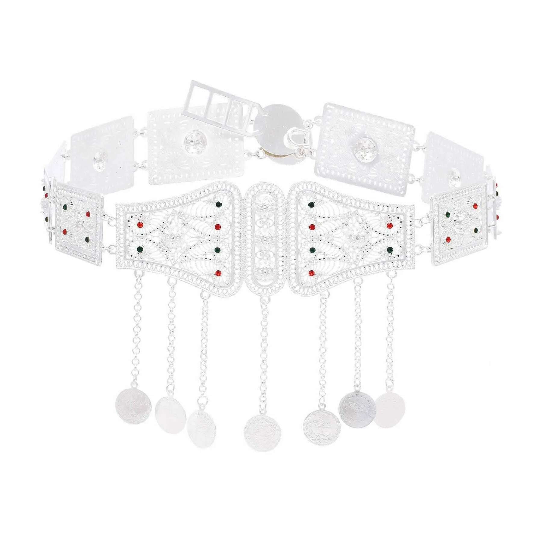 Silver Plated Moroccan Caftan Belt Heart Sequins Tassel Belly Chains for Women Men Vintage Ethnic Tribal Indian Body Jewelry - KIMLUD