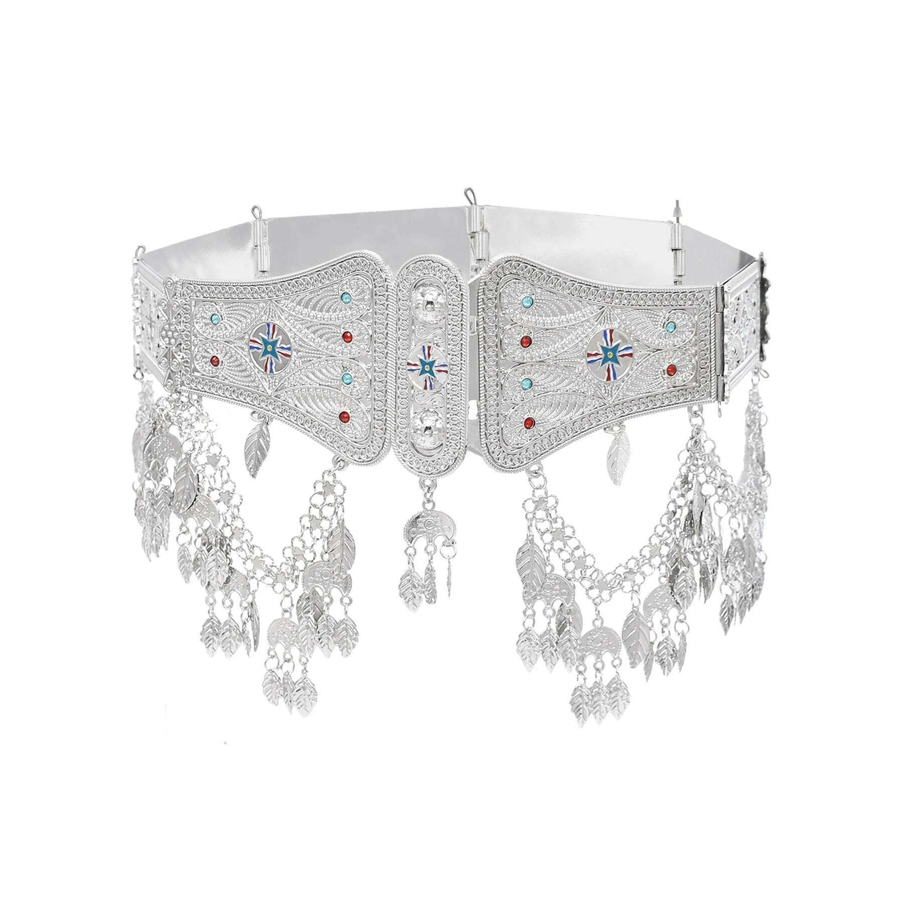 Silver Plated Moroccan Caftan Belt Heart Sequins Tassel Belly Chains for Women Men Vintage Ethnic Tribal Indian Body Jewelry - KIMLUD