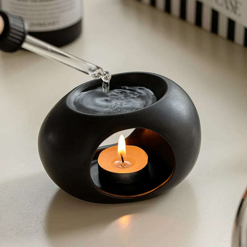 Simple Black Candle Heating Holder Ceramics Essential Oil Reed Diffuser Furnace Household Spa Aromatherapy Incense Burner - KIMLUD